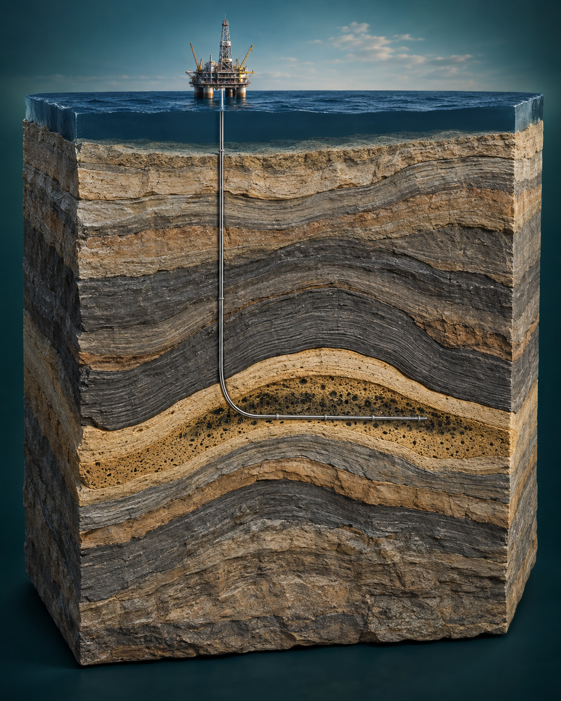 Illustrative offshore geological cutaway showing folded sedimentary rock layers, a sandstone reservoir beneath shale caprock, and a well curving into the reservoir.